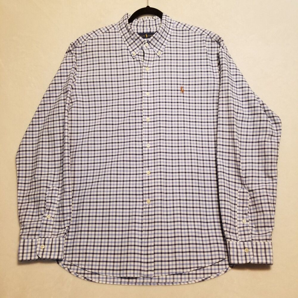 Ralph Lauren XXL Shirt 100% Cotton Blue Plaid Flesh Pony Preppy Classic Office